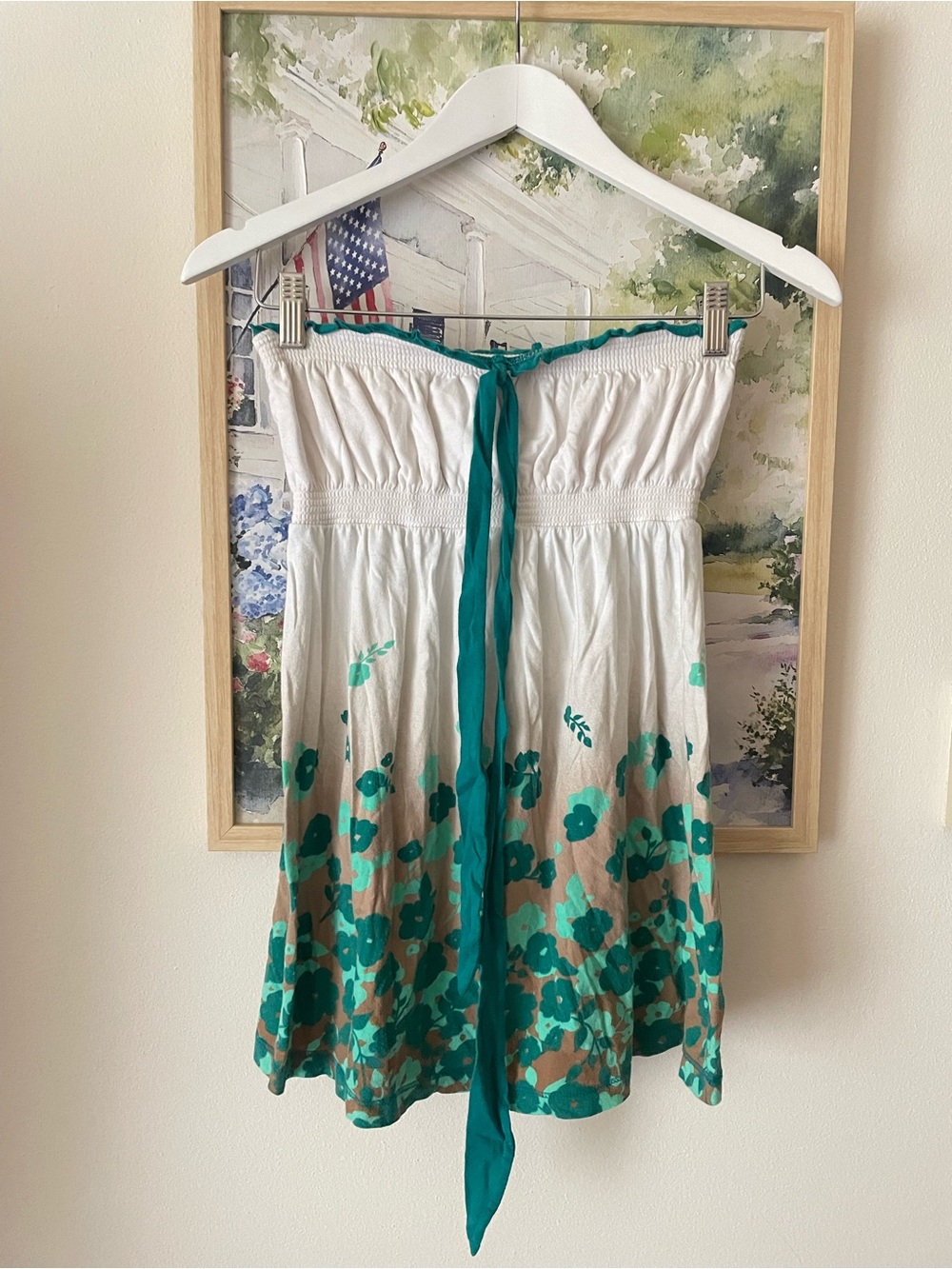 SO Y2K Style Babydoll Strapless Halter Floral Tube Top White Teal XL